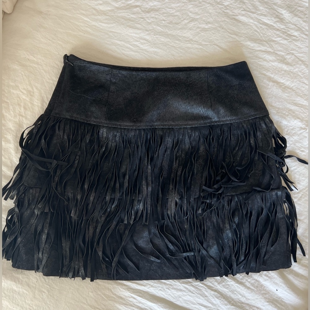 Black Fringe Leather Mini Skirt